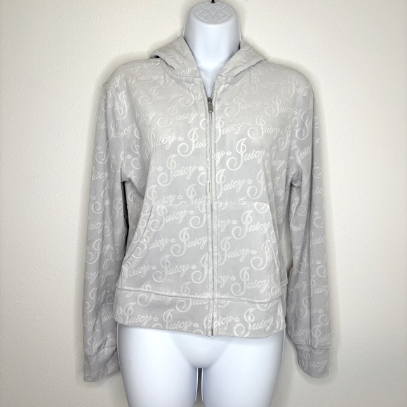 Juicy Couture Jackets & Blazers - Juicy Couture Full Zip Grey Velour Jacket All Over Juicy&Crown Logo Y2K SzM